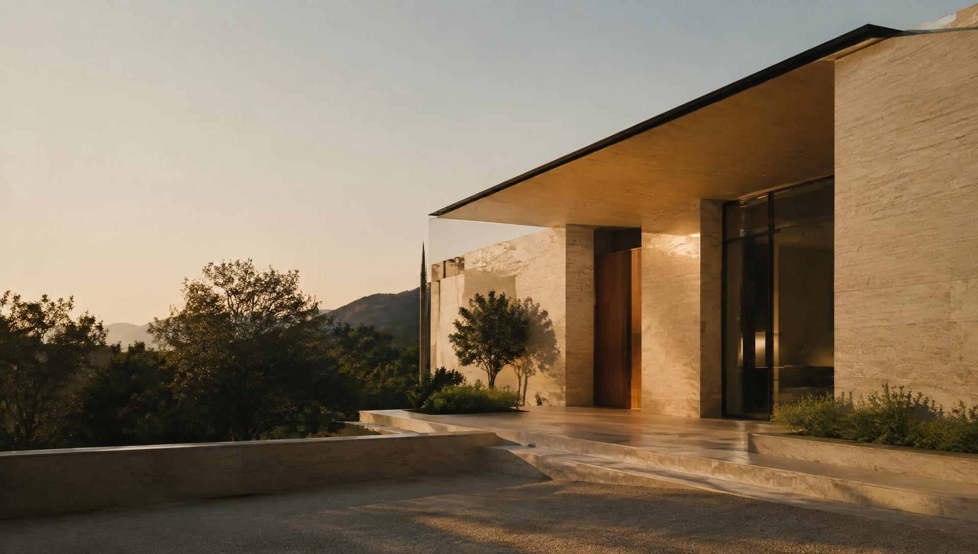 Modern residence facade in warm limestone at golden hour